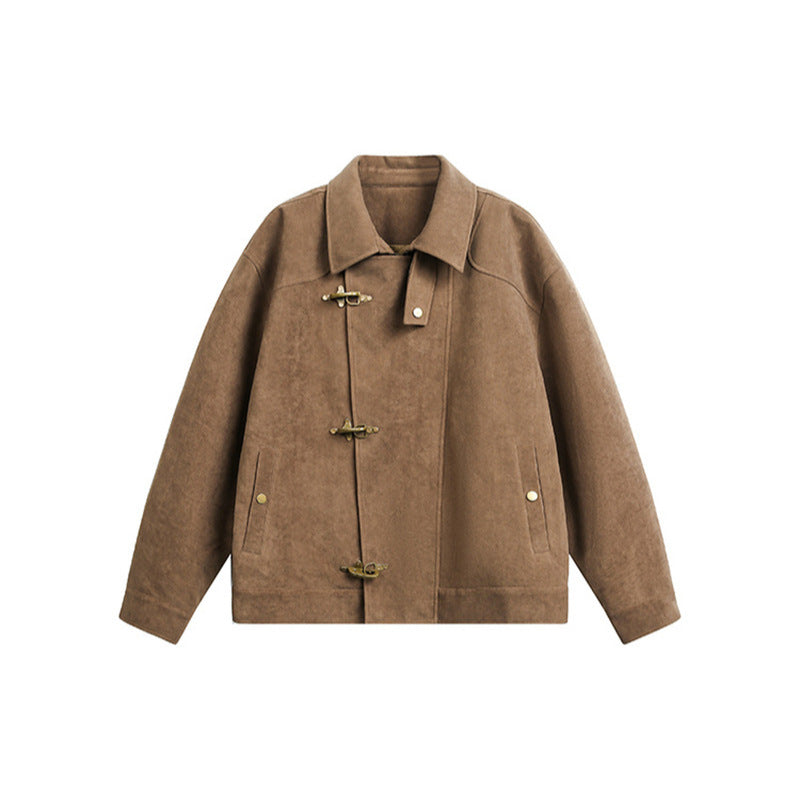 Homme Brown Faux Suede Metal Buckle Stand Collar Cropped Jacket