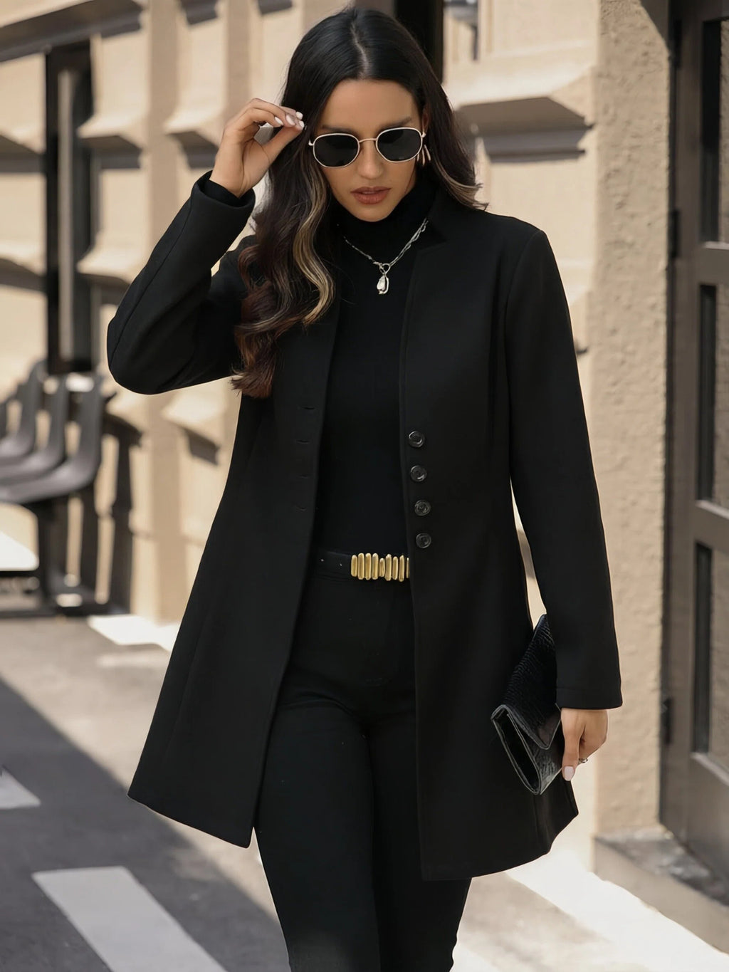 Élégante laine Stand-collar Trench Coat Style mi-long pour les femmes
