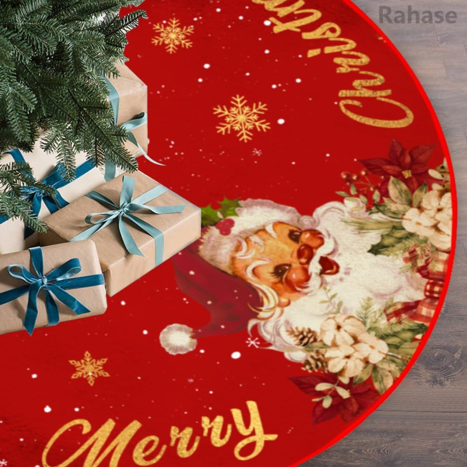 Décorations de Noël en Jupe d'arbre rouge et or - Tapis de Noël en Jupe d'arbre avec Santa C