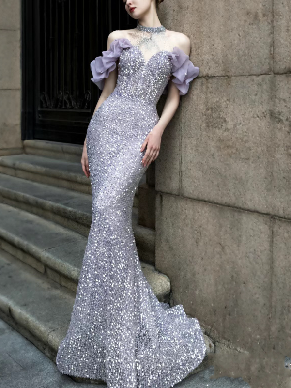 Violet Hôte Starry Sky Réunion annuelle Robe de Toast Perlé Halter Modèle Catwalk Fishtail