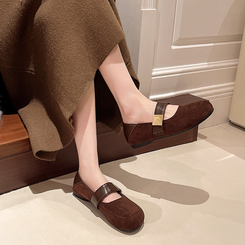Vintage Mary Jane Chaussures Coréen Style Élégant Suede Metal Buckle Rond Toe Slim Soft Sole B