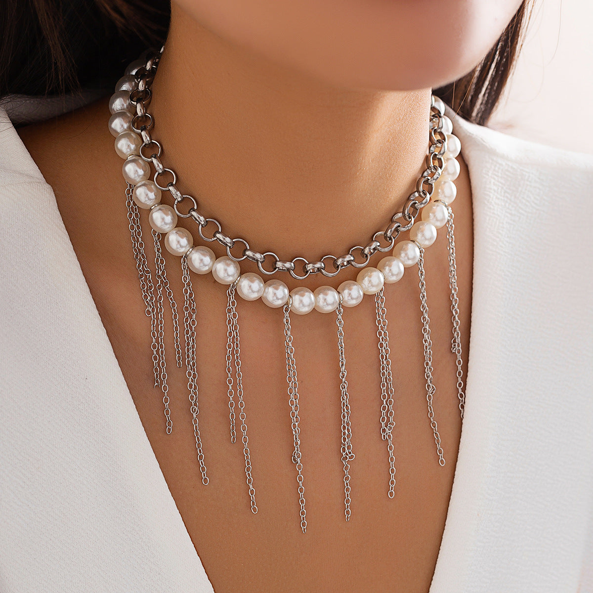 Pearl Tassel Fun Design Double couche Collier rétro Accessoires pour femmes