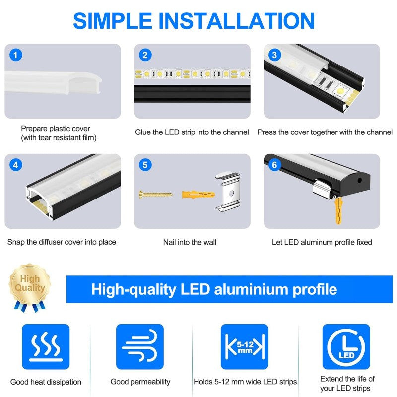 6 Pack noir U forme LED en aluminium canal 3.3FT 1M LED profil avec lait blanc diffuseur C