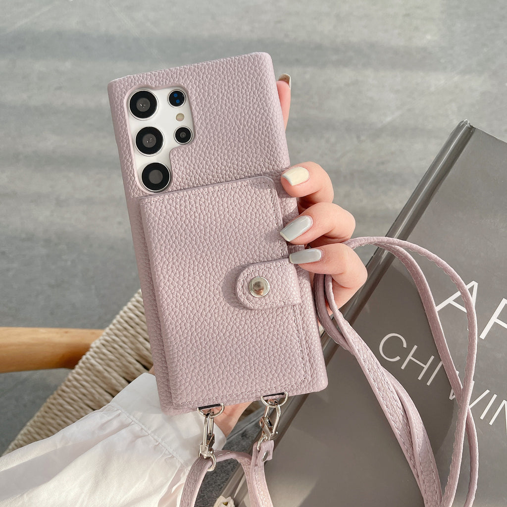 S23Ultra Lychee Carte Pattern Gauche et Droite Étui de téléphone Crossbody ouvert