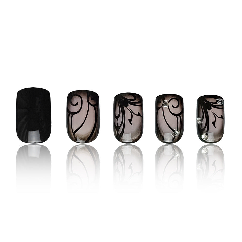 24 pièces Short Square Mystérieux Black Vine-stude Diamond-accented Nail Polish Set. Appuyez sur
