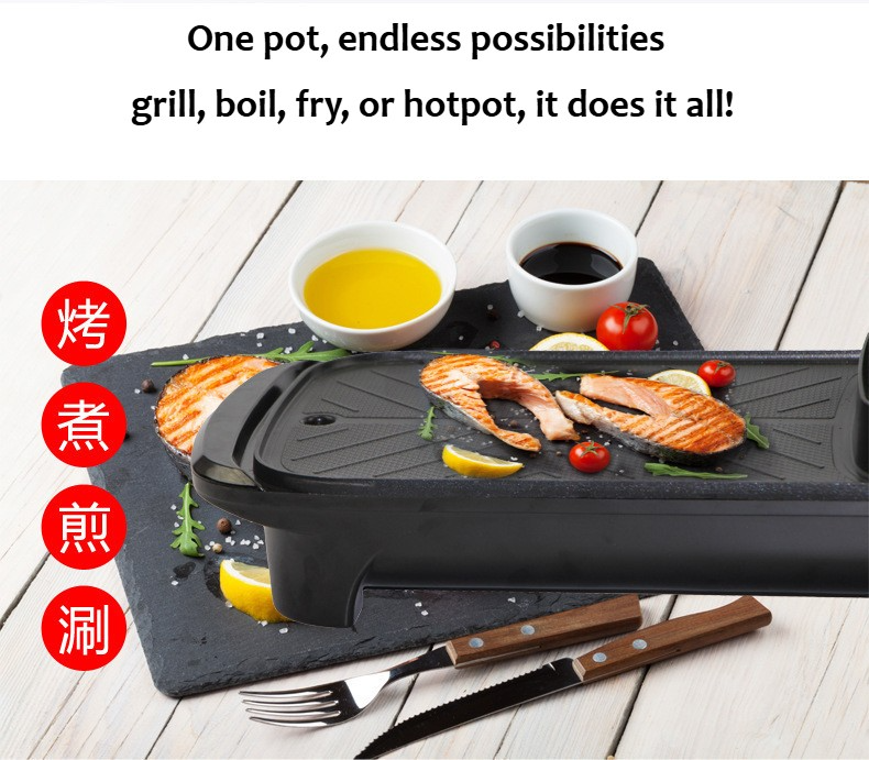 2en1 Pot électrique Barbecue Grill Non-Stick Teppanyaki Pan Cuisinière rectangulaire