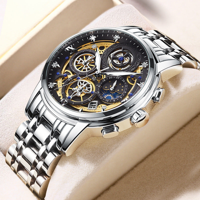 Montre Quartz multifonction en acier inoxydable pour homme