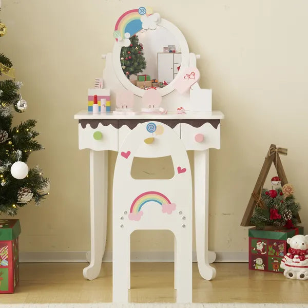 Kids Vanity Table et jeu de chaise avec 7pcs Pretend Jouets de maquillage de jeu