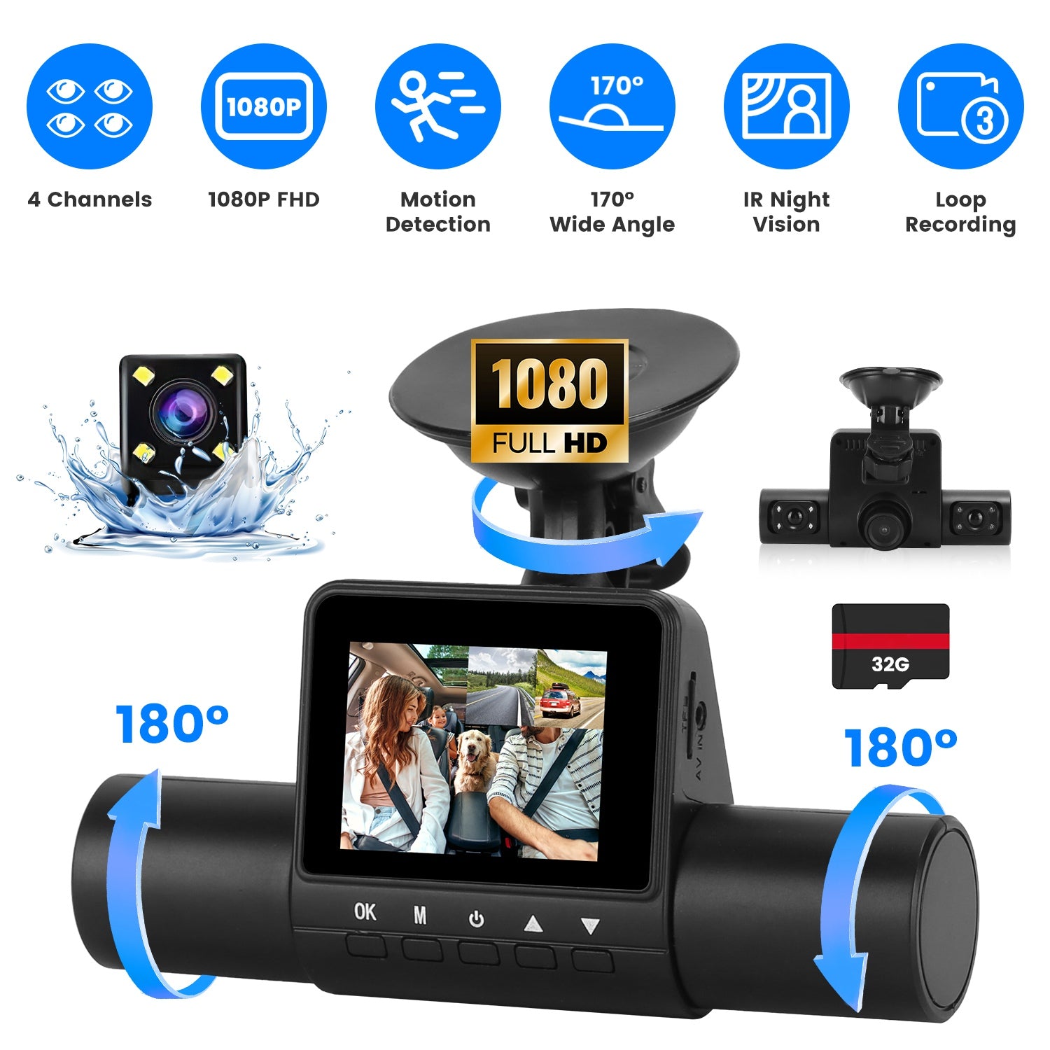 1Pc 360 Degree View FHD 4 Channel Dash Cam 1080P Front 480P Arrière Gauche Droite Intérieure Dash Ca