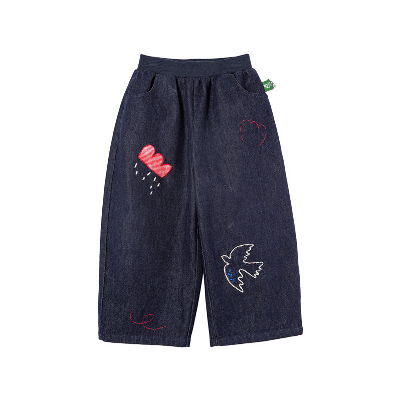 Lettre Broderie large Jambe droit Pantalons de coton Pantalons Printemps Automne