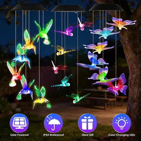 3Pack Solar Hummingbird papillon vent mouche dragon Chimes 7 couleur changer vent Chime pour Ou