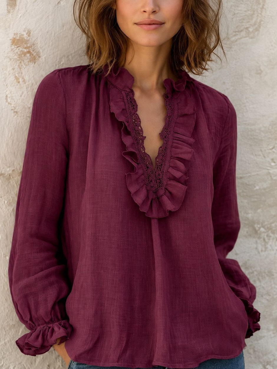 Femmes Deep V-neck Dentelle Loose-fit Blouse Chemise de style français