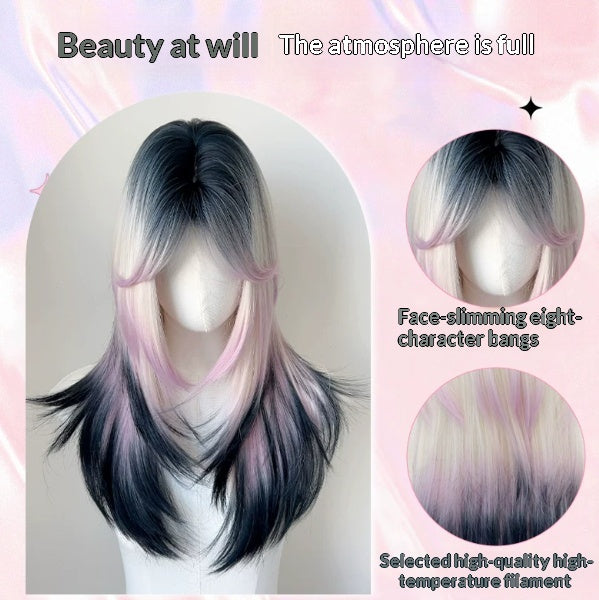 Femme Long Wavy Perruque en rose et noir avec poodle style bangs et une partie moyenne