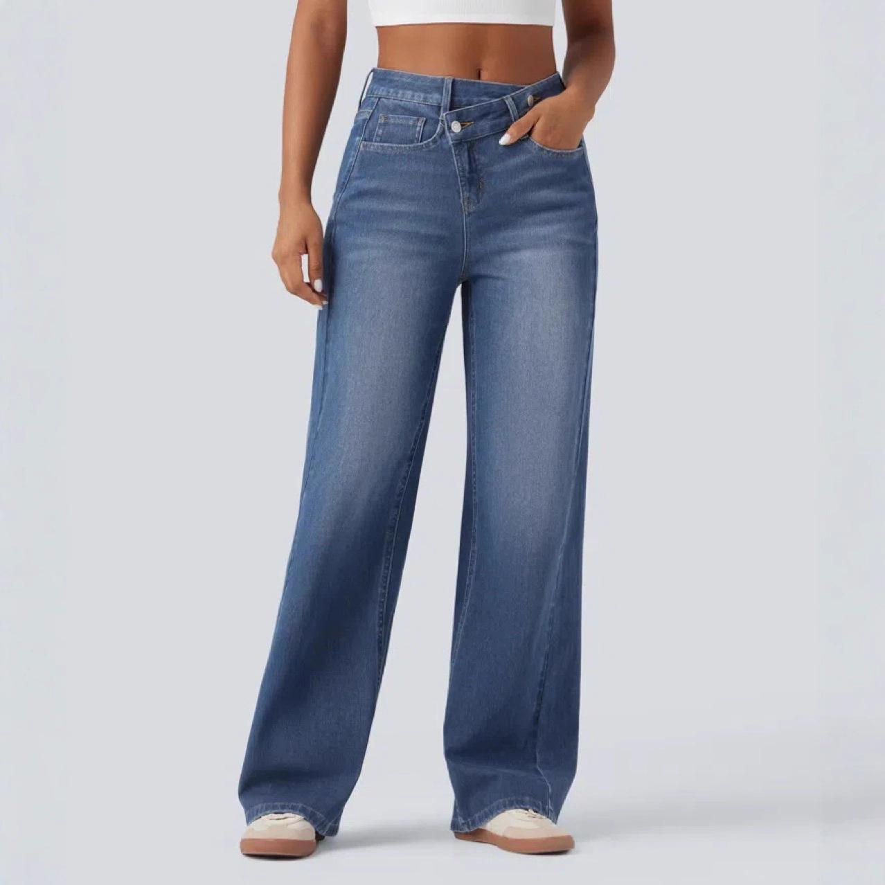 Jeans asymétriques à bouton-volant