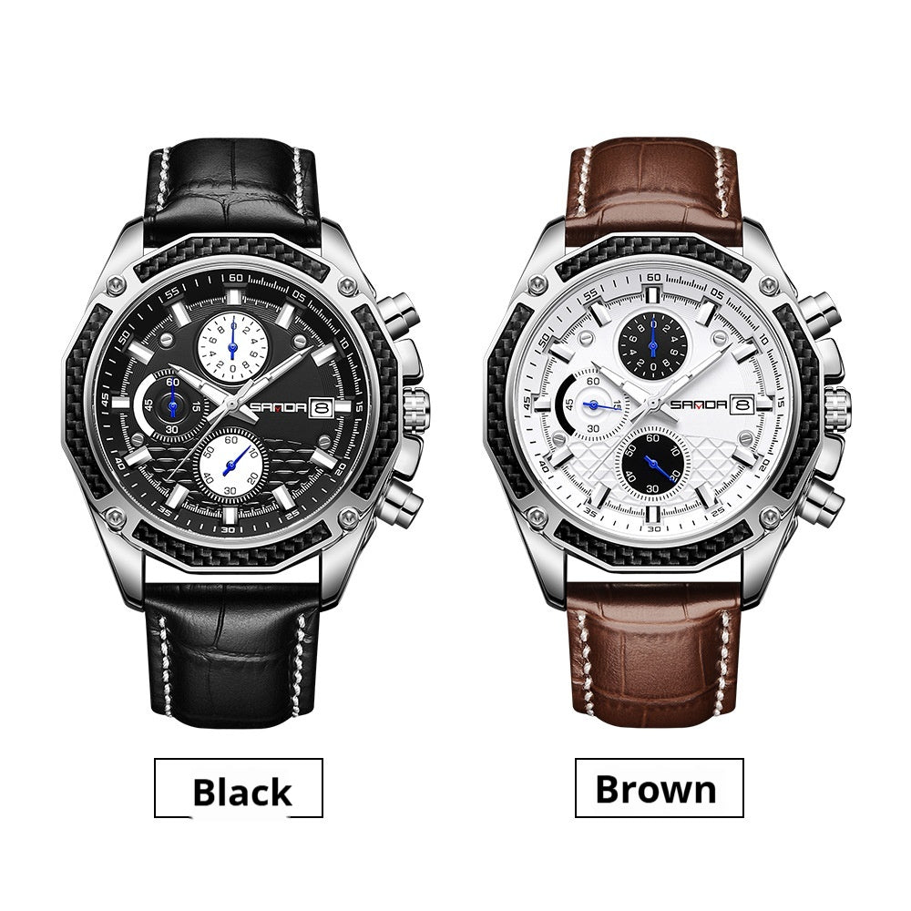 Calendrier de la sangle de quartz Trois yeux et six aiguilles montre pour hommes