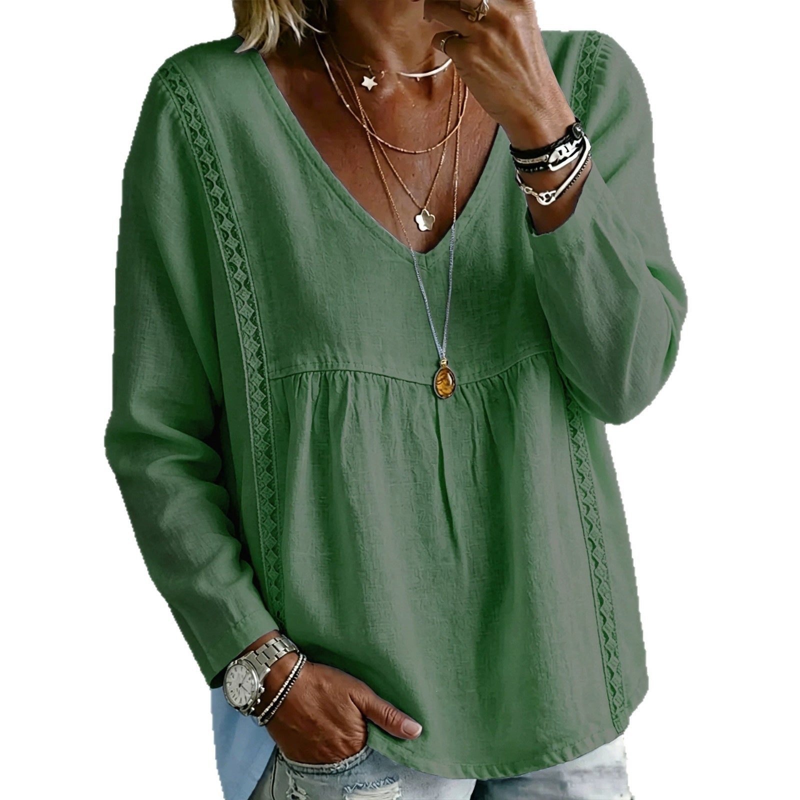 Blouse à manches longues en dentelle V pour femmes