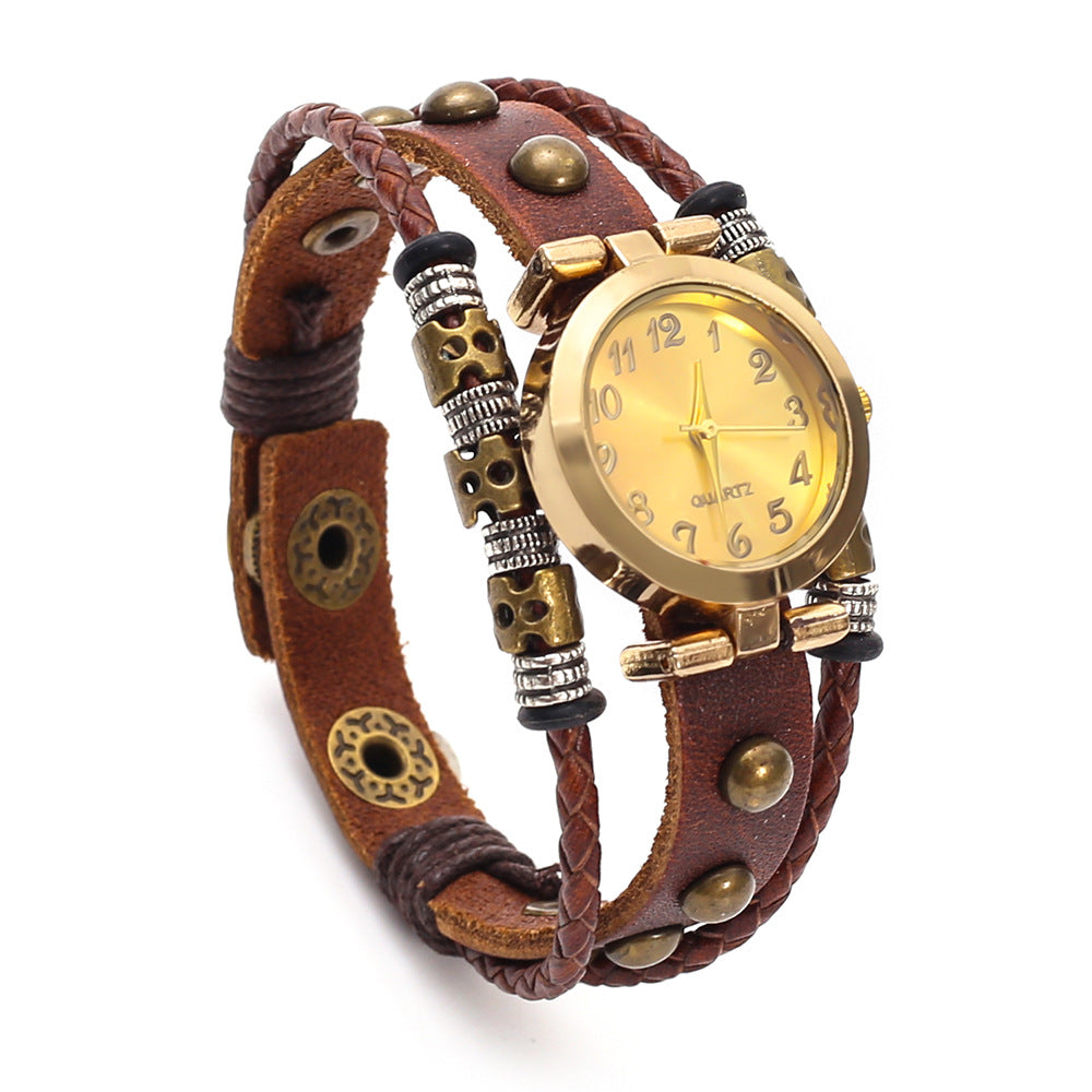 Vintage bracelet en cuir montre pour les femmes multi-couche tressé