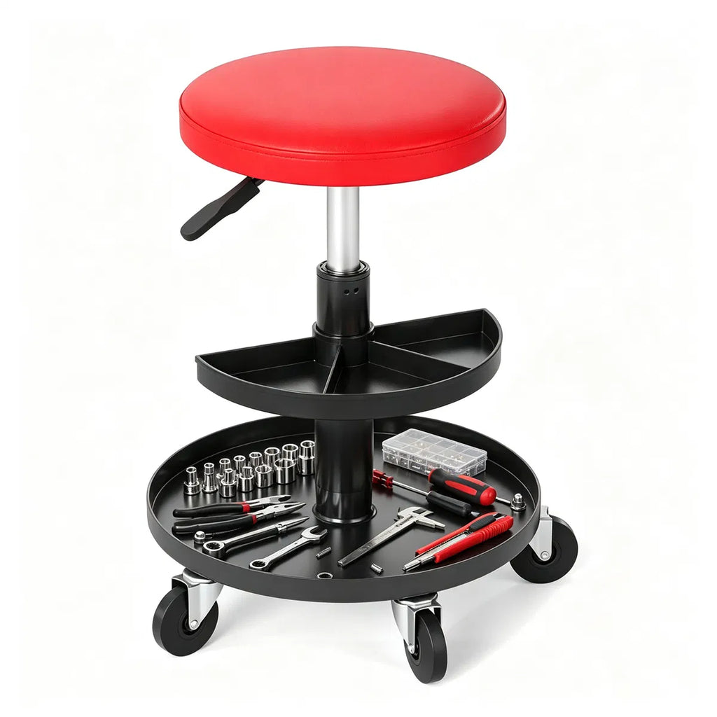 Tabouret mécanique à rouleaux réglable rouge avec bacs de stockage d'outils de 2 étages