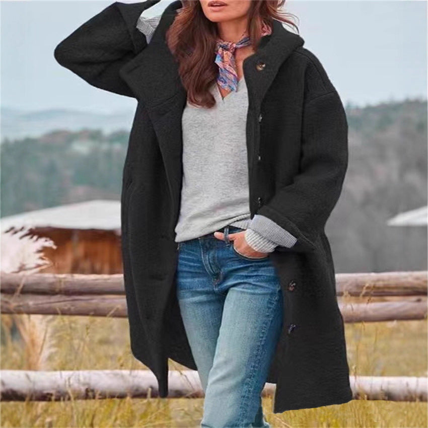 L'automne et l'hiver Veste populaire pour femmes Amazon Long-Sleeved Woolen à capuche longue