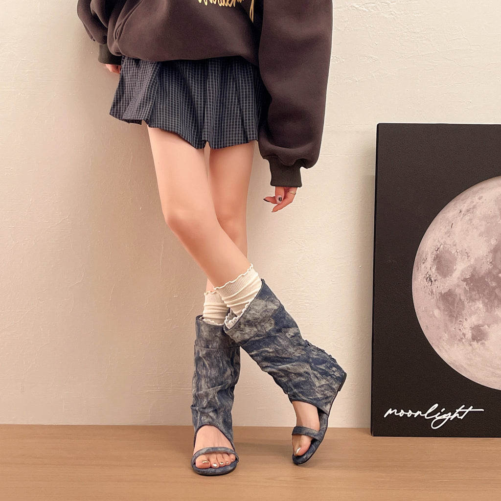 Women's Washed Denim Slouch Open Long Boots