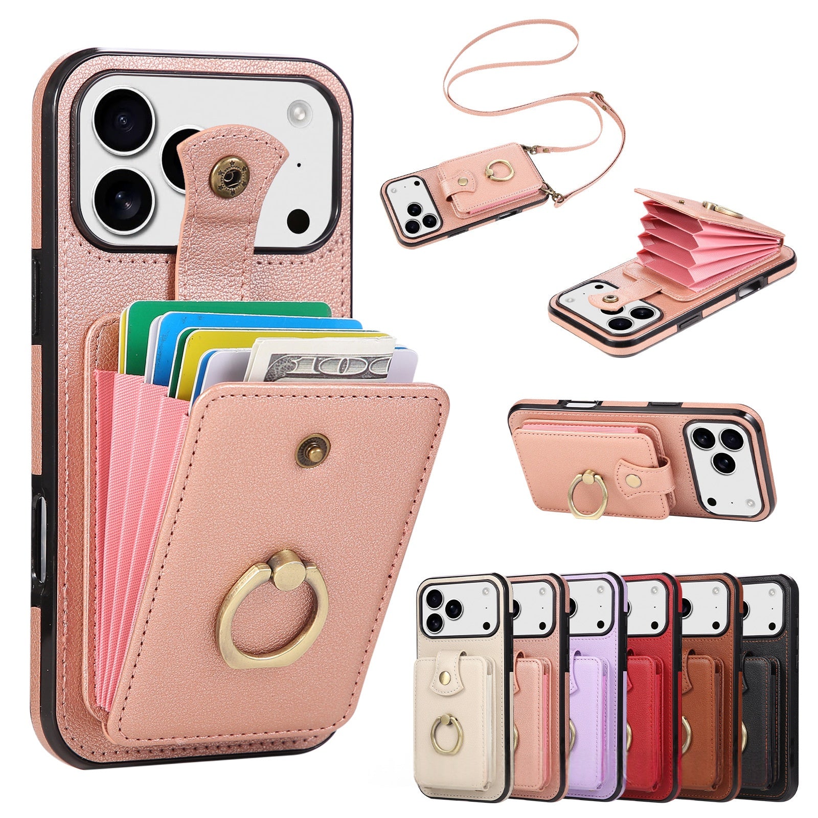 Étui de téléphone en cuir avec support de bague et carte Slot Drop Proof Protective Case