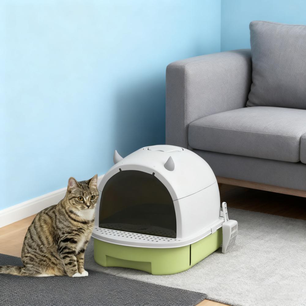 Boîte à litière pour chat vert avec couvercle