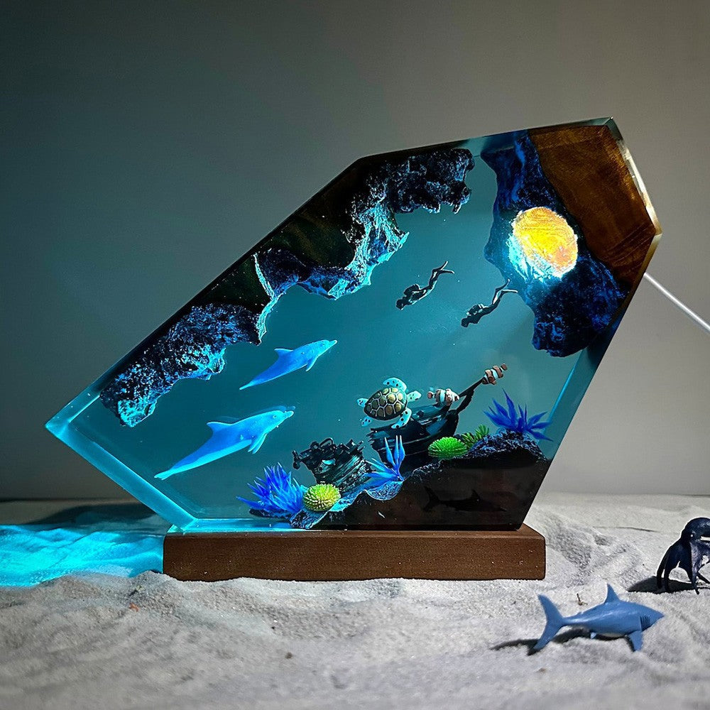 Marine Style Orca Diver Themed Lampe en bois résine Lumière de nuit