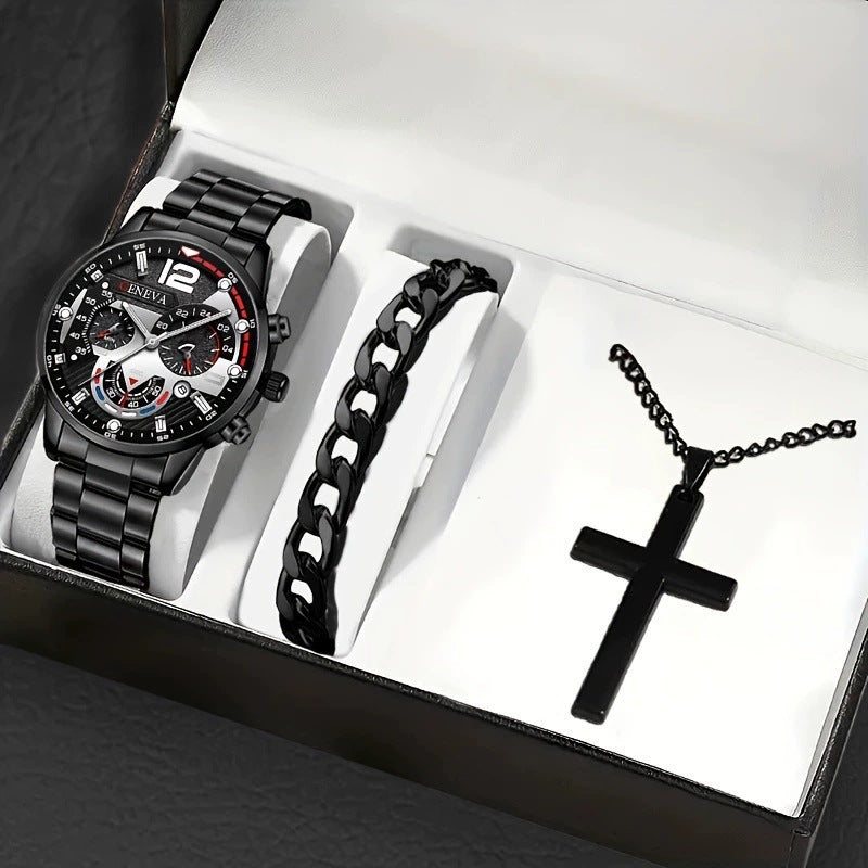 Men's Bracelet Cross Necklace and Watch Set