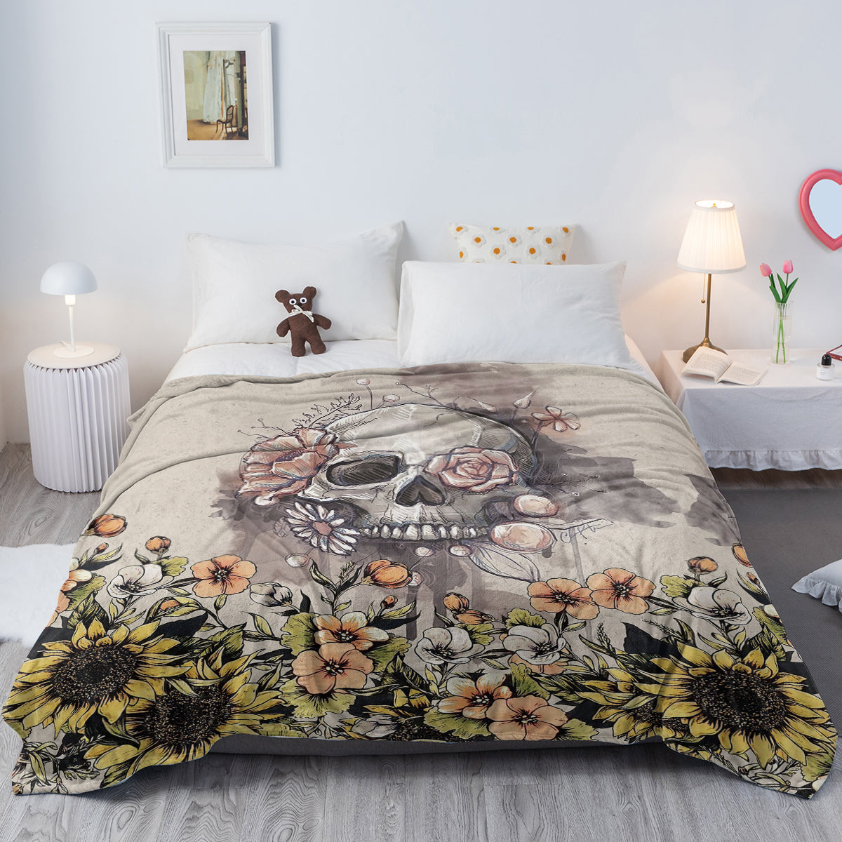 Skull Flannel Blanket Sunflower Skull Pattern Blanket Soft Beige Blanket for C