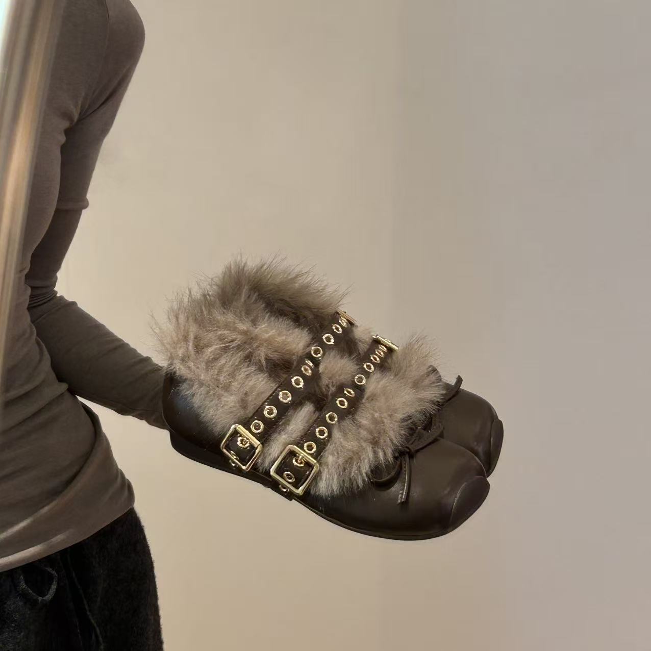 Femmes de style français polaire doublé Mary Janes