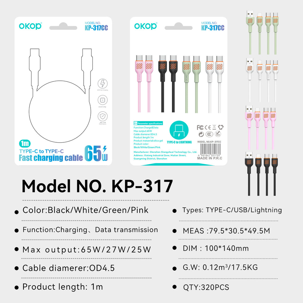 KP-317 Câble de données à charge rapide 65W Câble de recharge de téléphone portable épais compatible avec