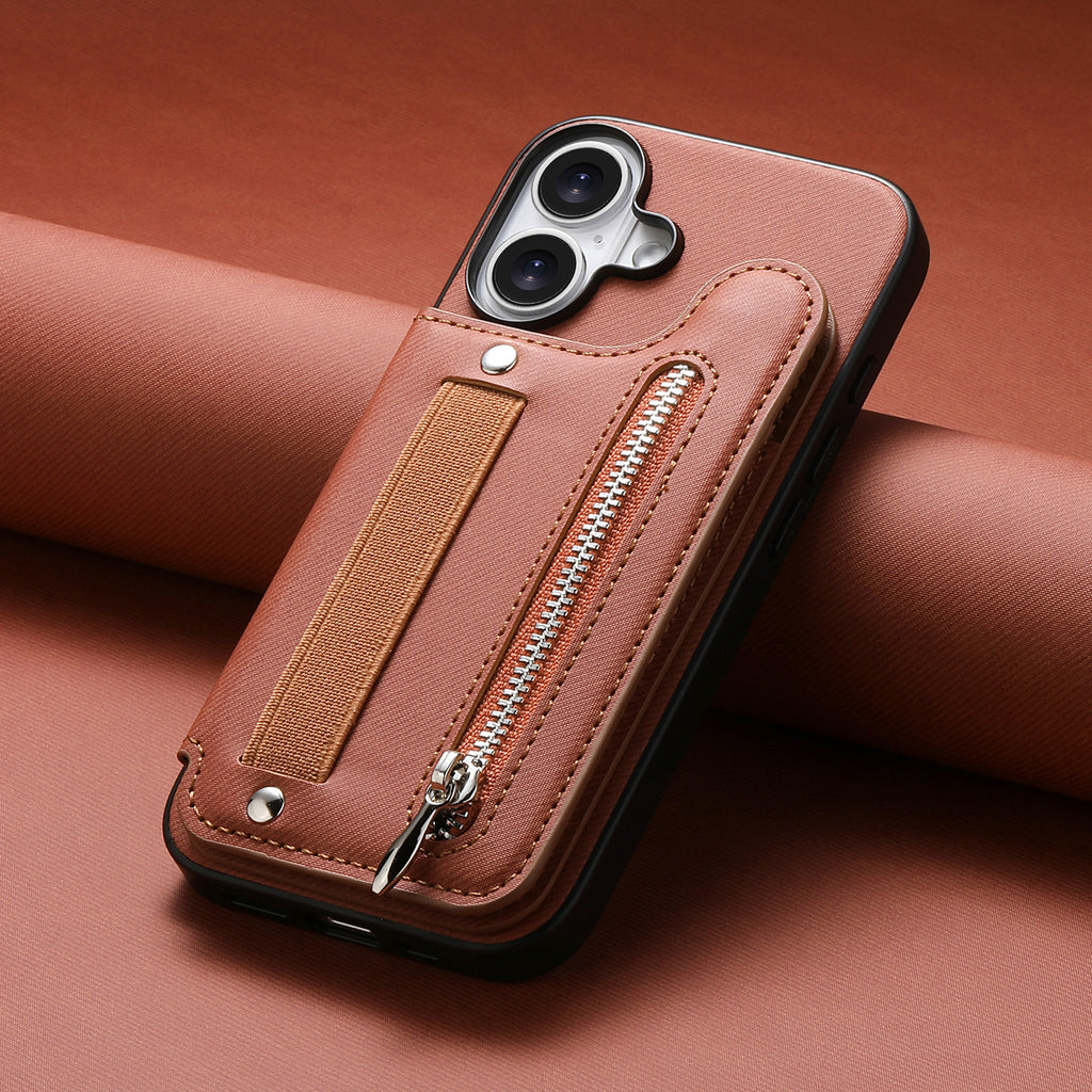 Etui de téléphone en cuir avec support et fermeture éclair