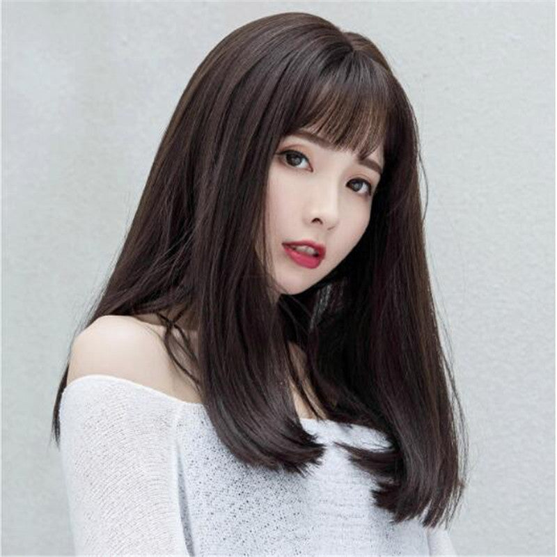 Japonais et Coréen Wig Femmes Air Bangs Moyen Long Droite