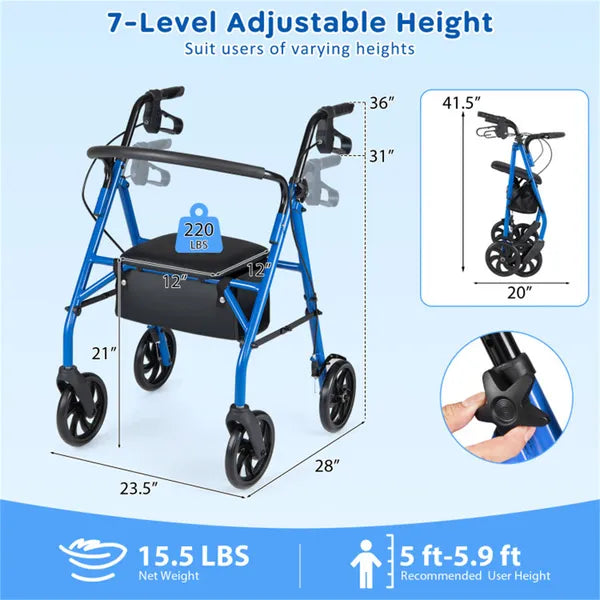 2-en-1 Rollator Walker avec siège (bleu)
