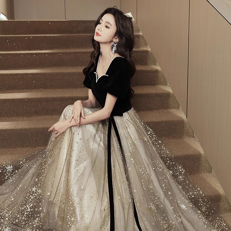 Robe de soirée française légère et luxueuse noir