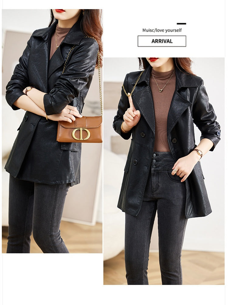 Manteau de cuir mi-long pour femme Printemps et automne