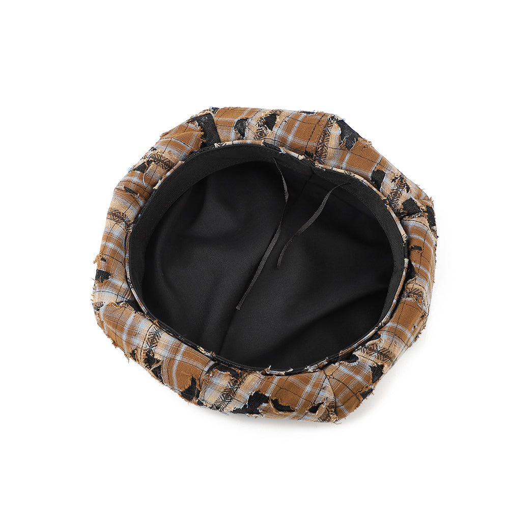 La Dame Détressed Check-pattern Fringed Trend-forward Patch-dyed Checkered Beret est Pe