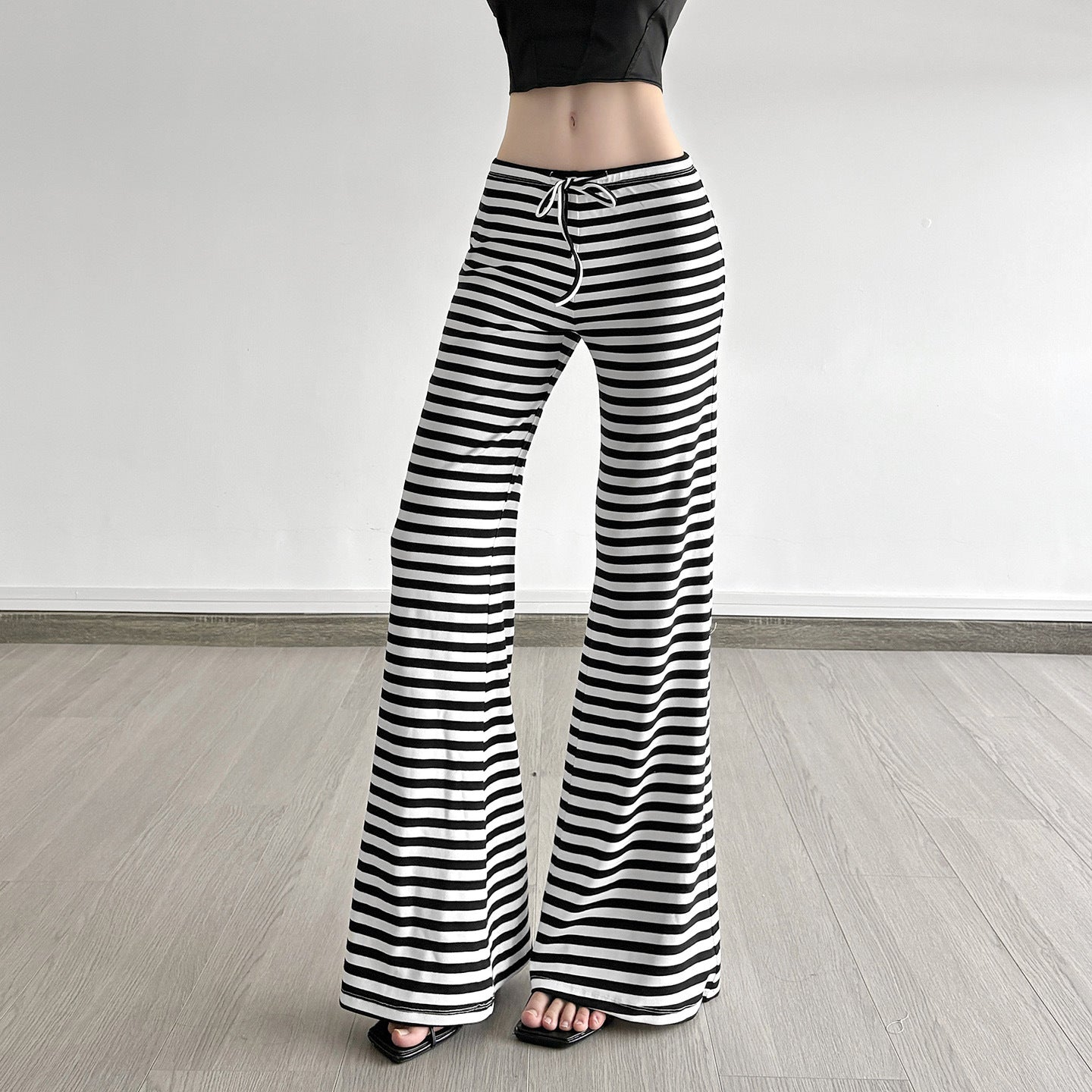 Style américain Retro Color-block Striped Tie-detail Boot-cut Lounge Pantalons