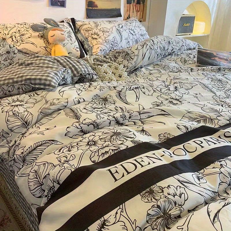 Draps de lit et couverture de couette en coton lavé doux Ensemble de quatre pièces