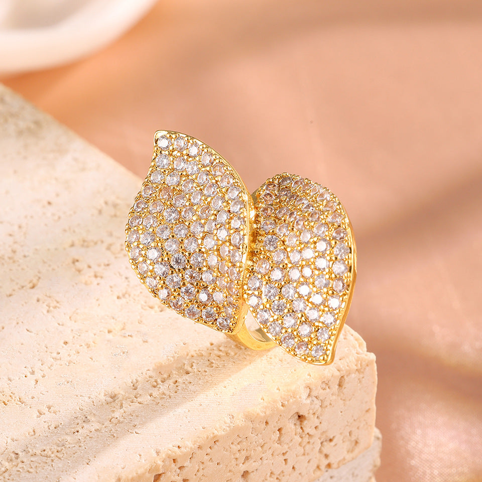 Femmes Double feuille Complet Pavé Cubic Zirconia Anneau réglable