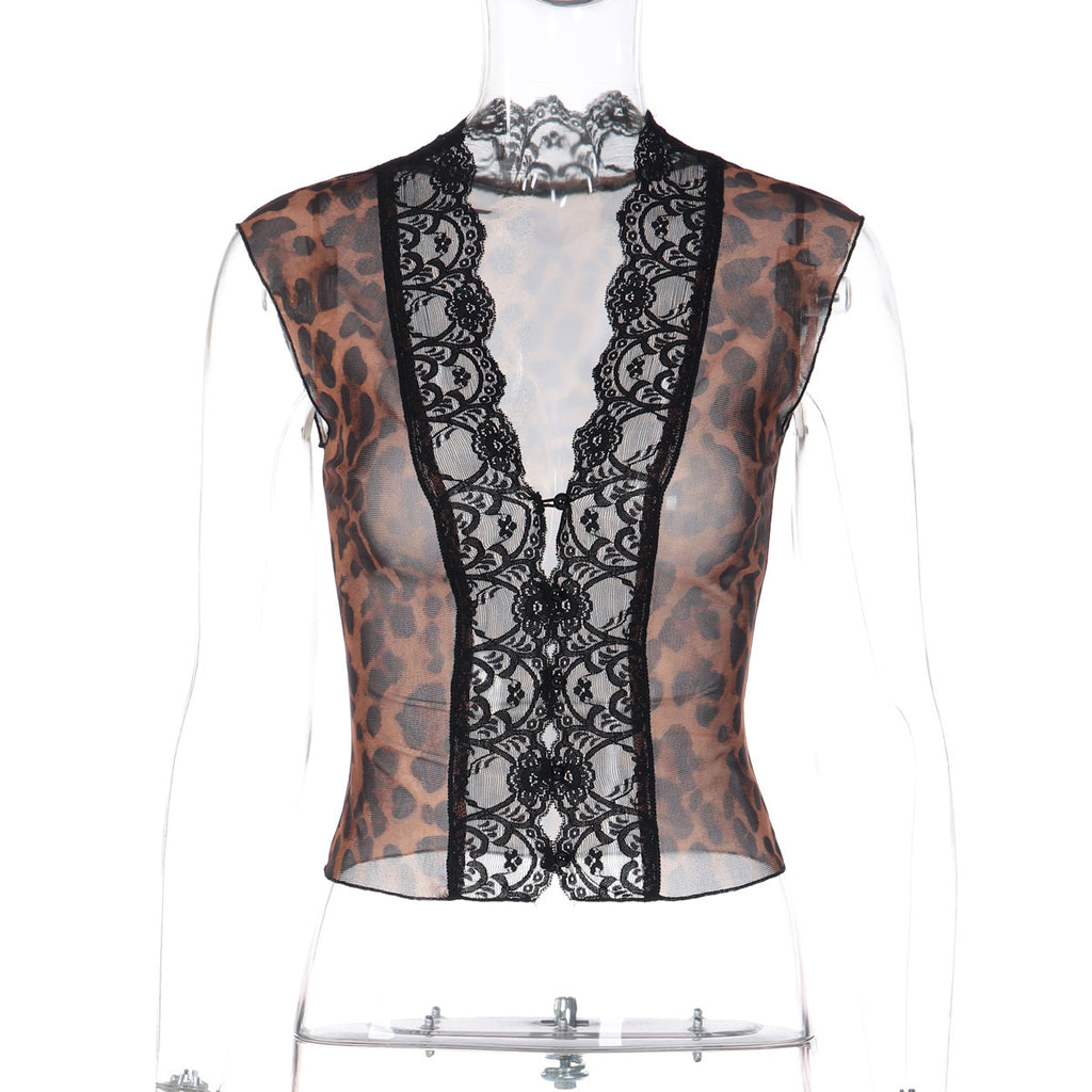 T-shirt de Cardigan en dentelle imprimée mode pour femmes