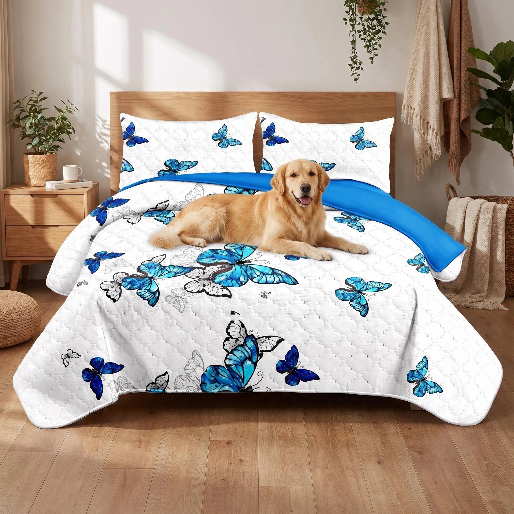 3-Piece Blue Butterfly Couverture de lit matelassée pour roi et roi de Californie