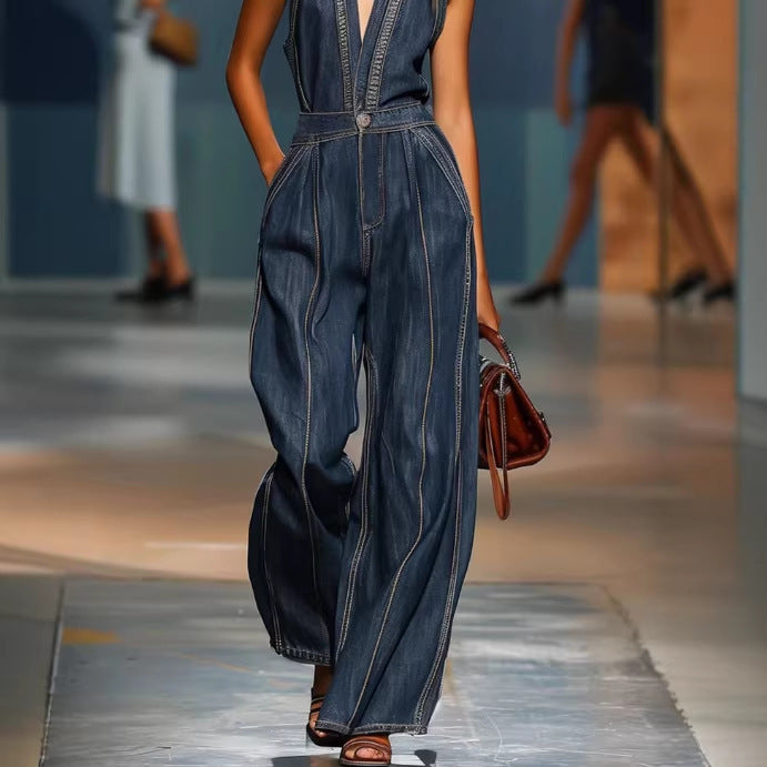 Ensemble de saut en denim sans manches pour femmes Casual Retro