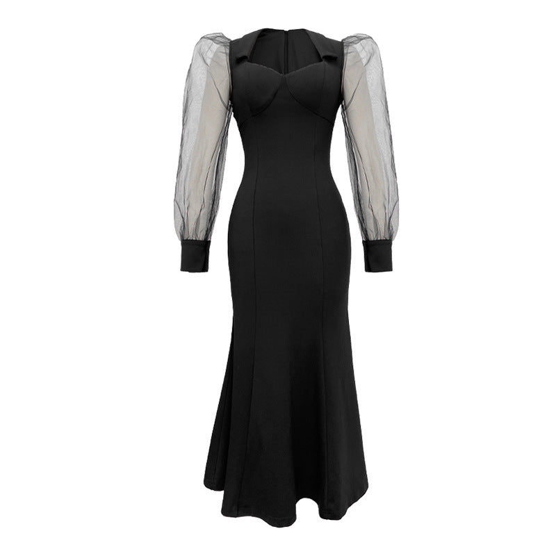 Style français Collier carré Robe longue pour femmes Hepburn Style Elégant Socialite Puff Mesh
