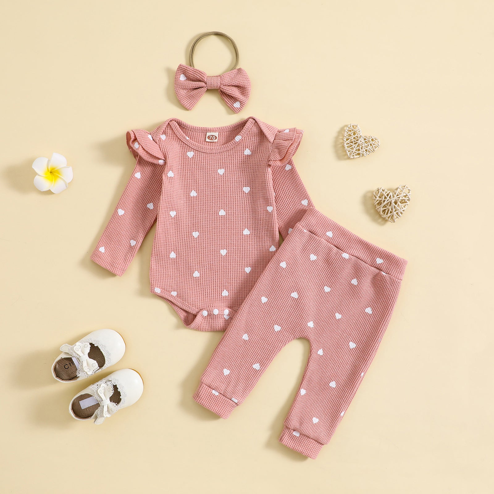 Printemps et automne Suit Heart Printing Waffle Sweat à manches longues Pantalon Pantalon Bande de cheveux Trois