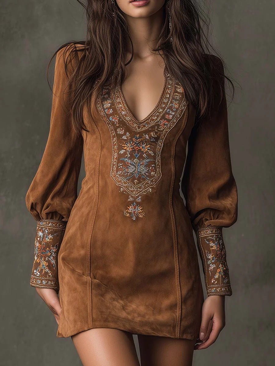 Printemps Été Européen et Américaines Manche Long V Col Robe Sexy Brodée Dres