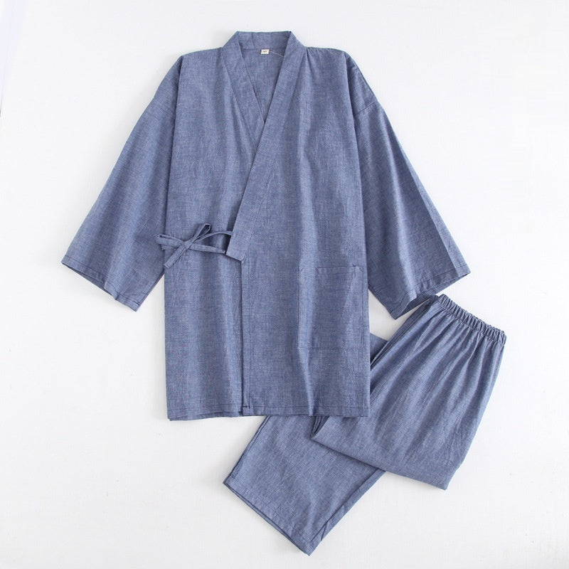 Coton Lavé Pyjama costume mince rayé hommes et femmes japonais couple Kimono pantalons
