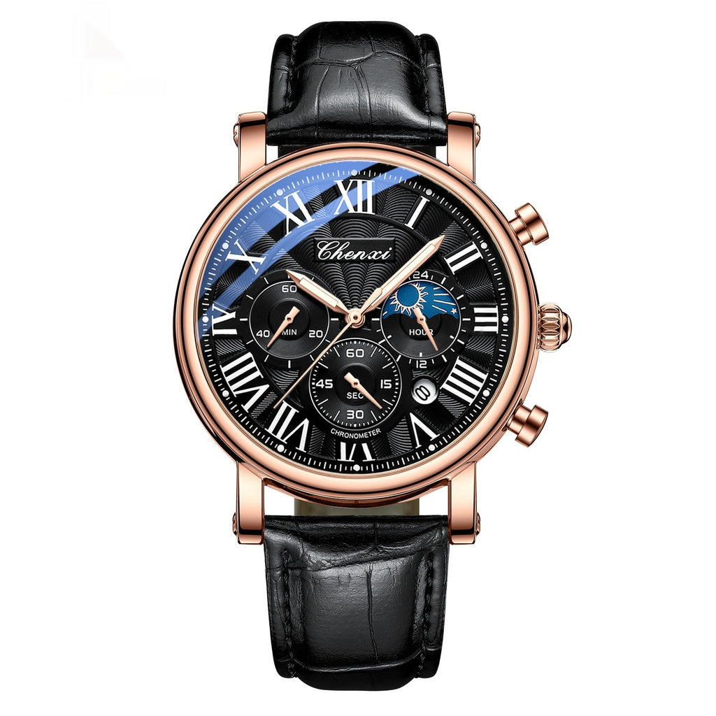 Multifonctionnel Hommes Business Moon Phase Calendrier Waterproof Watch