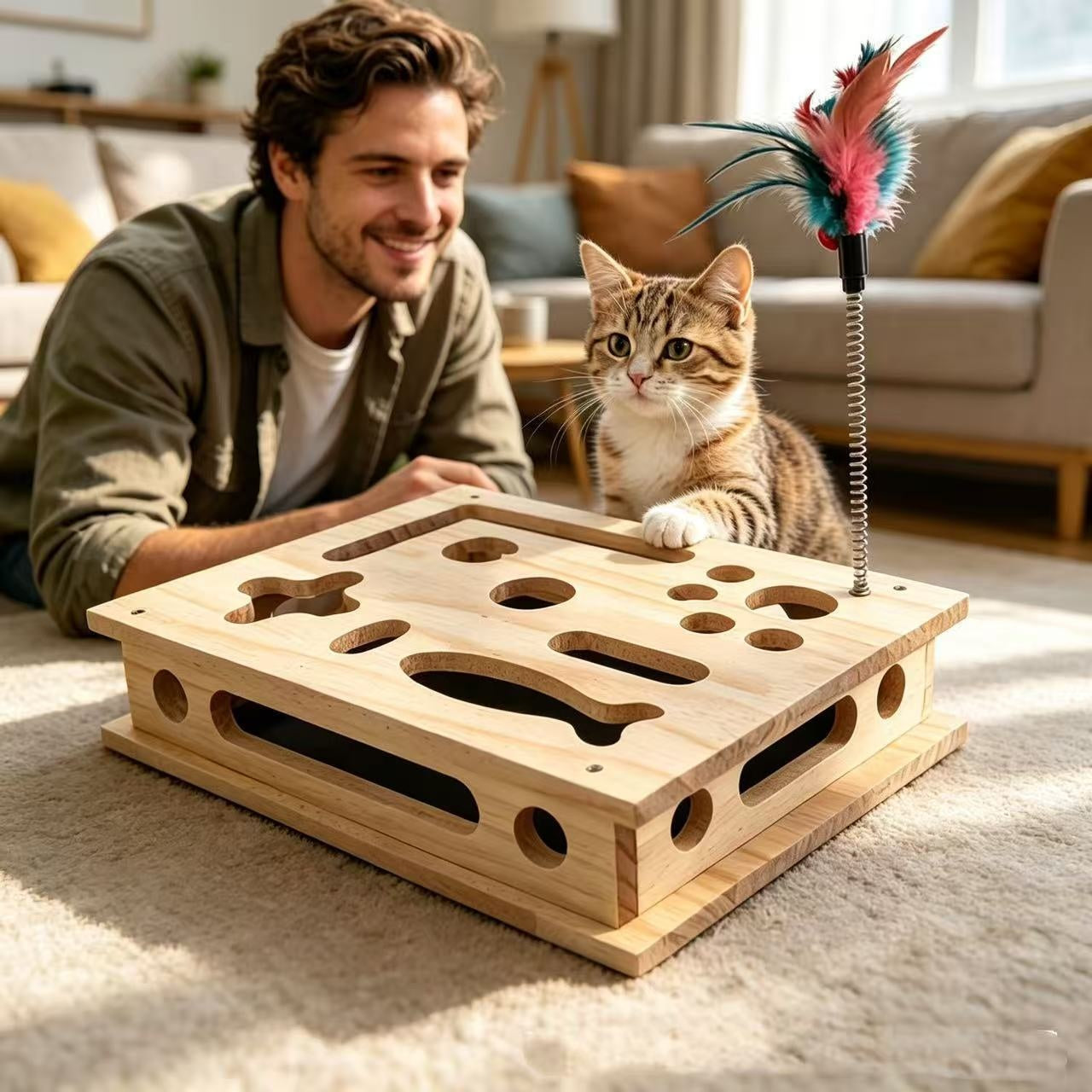 Boîte à gratter de chat amusante en bois pour taquiner et self-entertainment