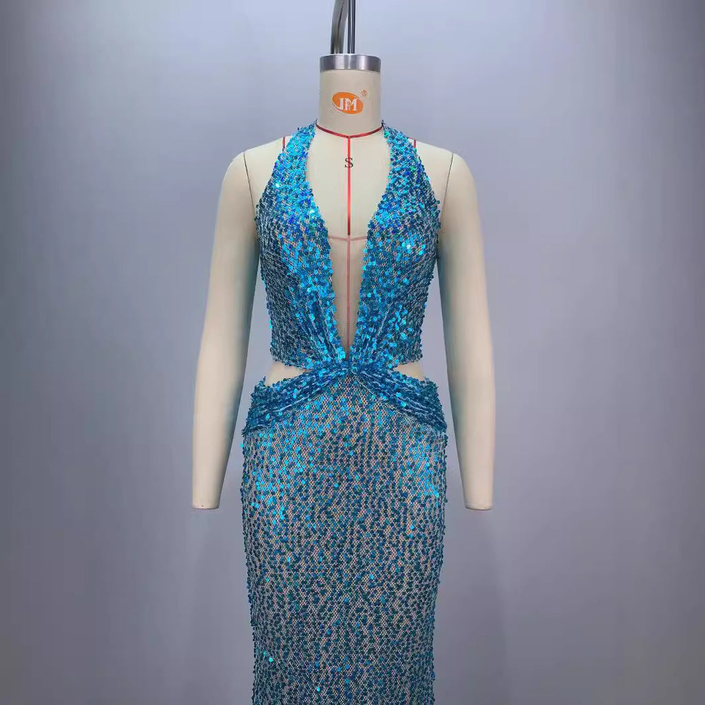 Halter profonde col V Slim Slim Slimming Party Stage Hostesse Robe de soirée